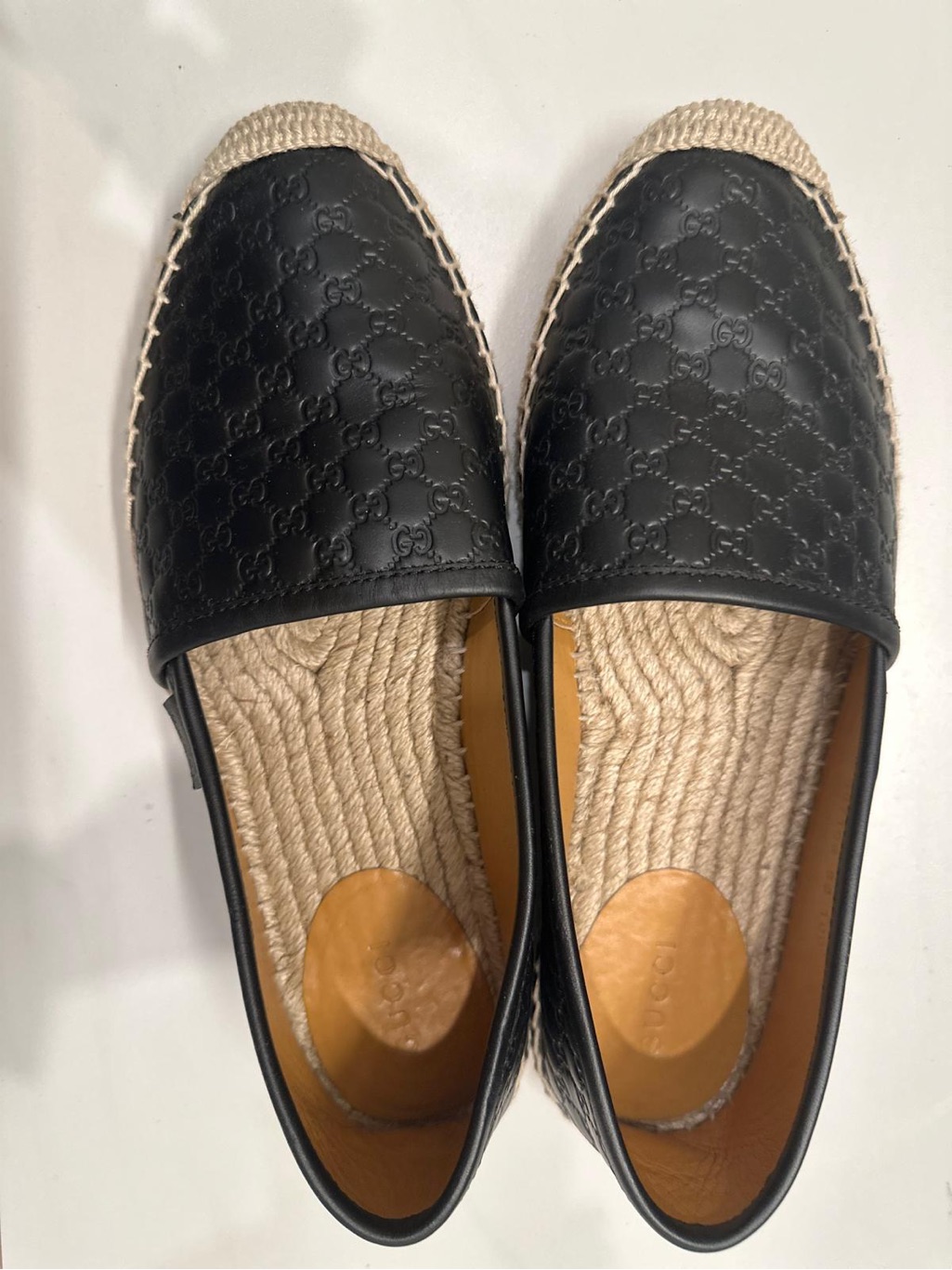 Gucci Black Leather Espadrille Slip-Ons With Jute Trim